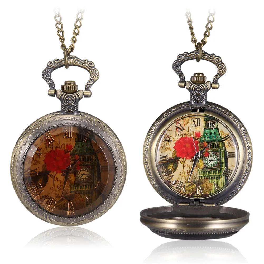Men Women Quartz Pocket Watch Retro Rose Big Ben Dial with Chain IK88