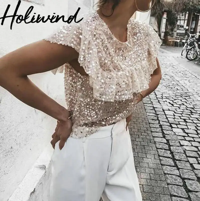 2019 Summer Women Short Sleeves Sequins Blouse O-neck Ruffles Sequin Beading Tops Blingbling Summer Tops
2019 Summer Women Short Sleeves Sequins Blouse O-neck Ruffles Sequin Beading Tops Blingbling Summer Tops
