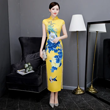 Yellow Vintage Button Chinese Dress Women Satin Cheongsam Vestidos Flower Long Mandarin Collar Qipao Novelty Stage Show Clothing
Yellow Vintage Button Chinese Dress Women Satin Cheongsam Vestidos Flower Long Mandarin Collar Qipao Novelty Stage Show Clothing