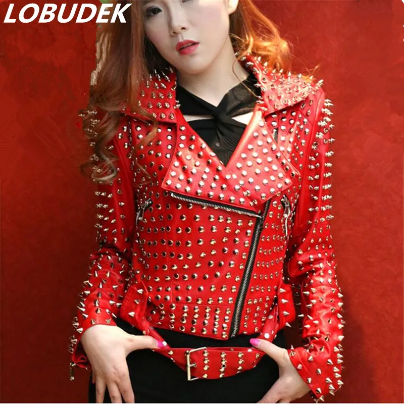 Image female rivet red jacket fashion DS costumes dance nightclub singer stage outfit stunning Sequin dancer show performance bar