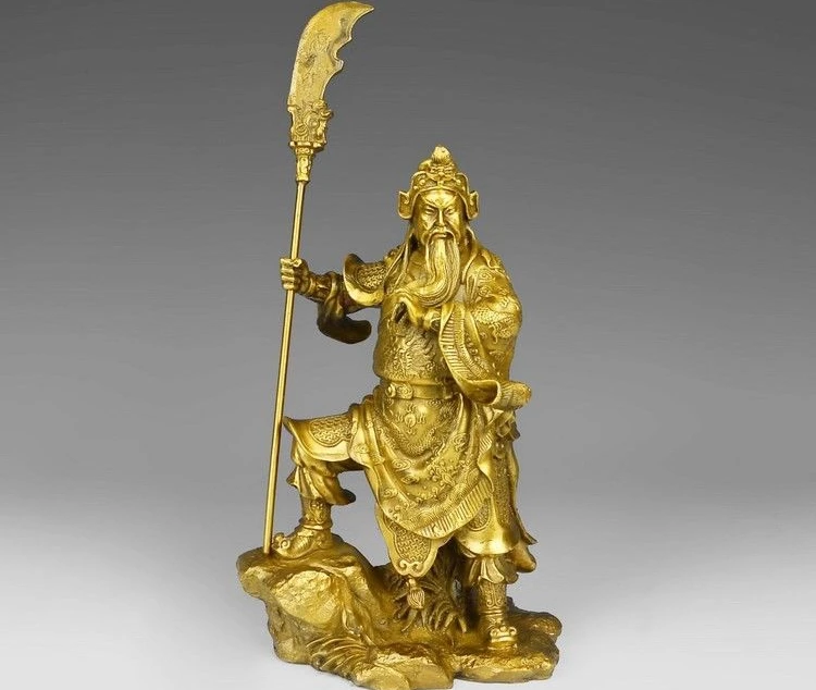 China Folk Brass Copper Dragon Sword Warrior Guan Gong Guan Yu Buddha God Statue