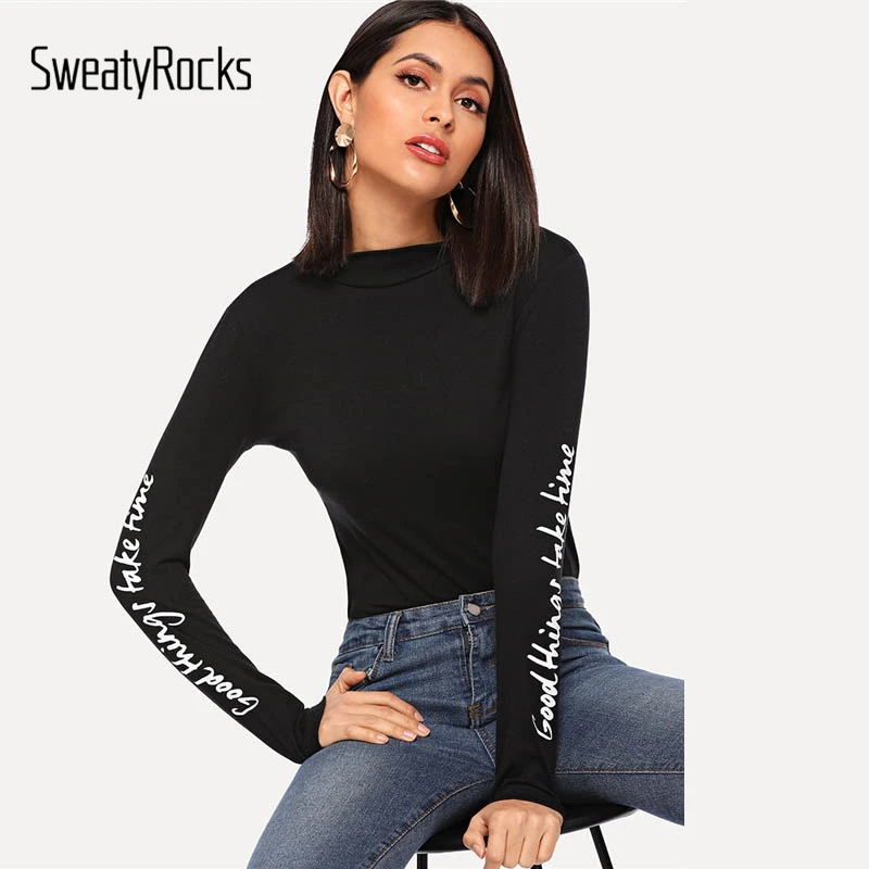 SweatyRocks Black Mock Neck Letter Print Slim Shirt Workout Women Spring Autumn Long Sleeve Casual Pullover Tops Skinny Shirt
SweatyRocks Black Mock Neck Letter Print Slim Shirt Workout Women Spring Autumn Long Sleeve Casual Pullover Tops Skinny Shirt