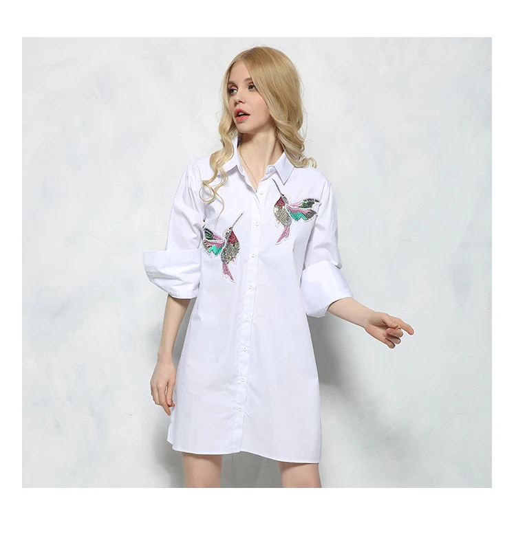 New arrival 2018 Women Bird Embroidered Blouse Shirts fashion Long sleeve high quality turn down collar Spring Fall female Shirt 13