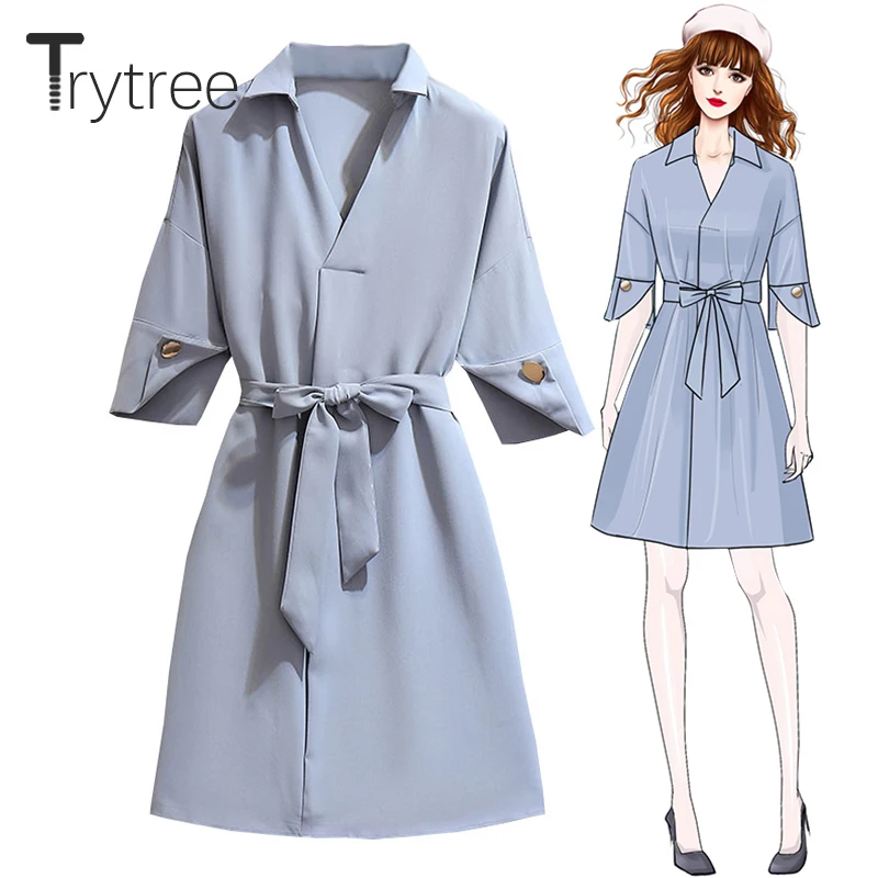 Trytree Summer Autumn Women Casual Dress Solid V-neck Shirt Dresses Flare Sleeve Belt Silky Knee-Length Office Lady A-Line Dress
Trytree Summer Autumn Women Casual Dress Solid V-neck Shirt Dresses Flare Sleeve Belt Silky Knee-Length Office Lady A-Line Dress