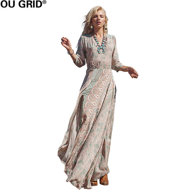 Women Vintage Dress Three Quarter Sleeve V-neck Spring Summer Thin Beach Dresses Sexy Split Hem Maxi Long Print Dress
Women Vintage Dress Three Quarter Sleeve V-neck Spring Summer Thin Beach Dresses Sexy Split Hem Maxi Long Print Dress