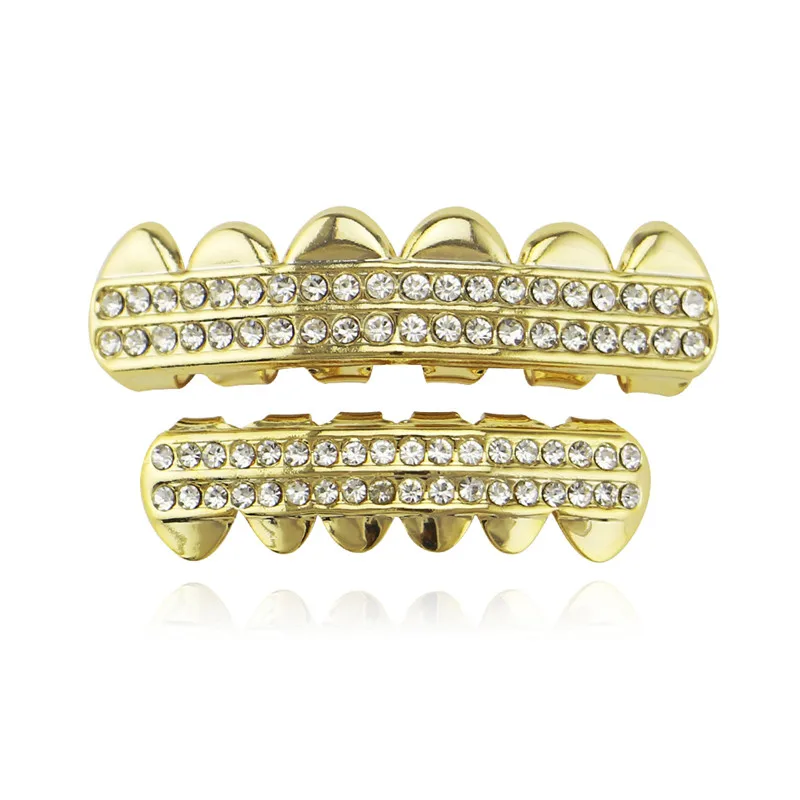 Bling Gold Teeth Grills Top & Bottom 2Row Iced Out Hip-HopTooth Grills Gental Cosplay Teeth Caps Rapper Jewelry PartyXHYT1018-1
Bling Gold Teeth Grills Top & Bottom 2Row Iced Out Hip-HopTooth Grills Gental Cosplay Teeth Caps Rapper Jewelry PartyXHYT1018-1