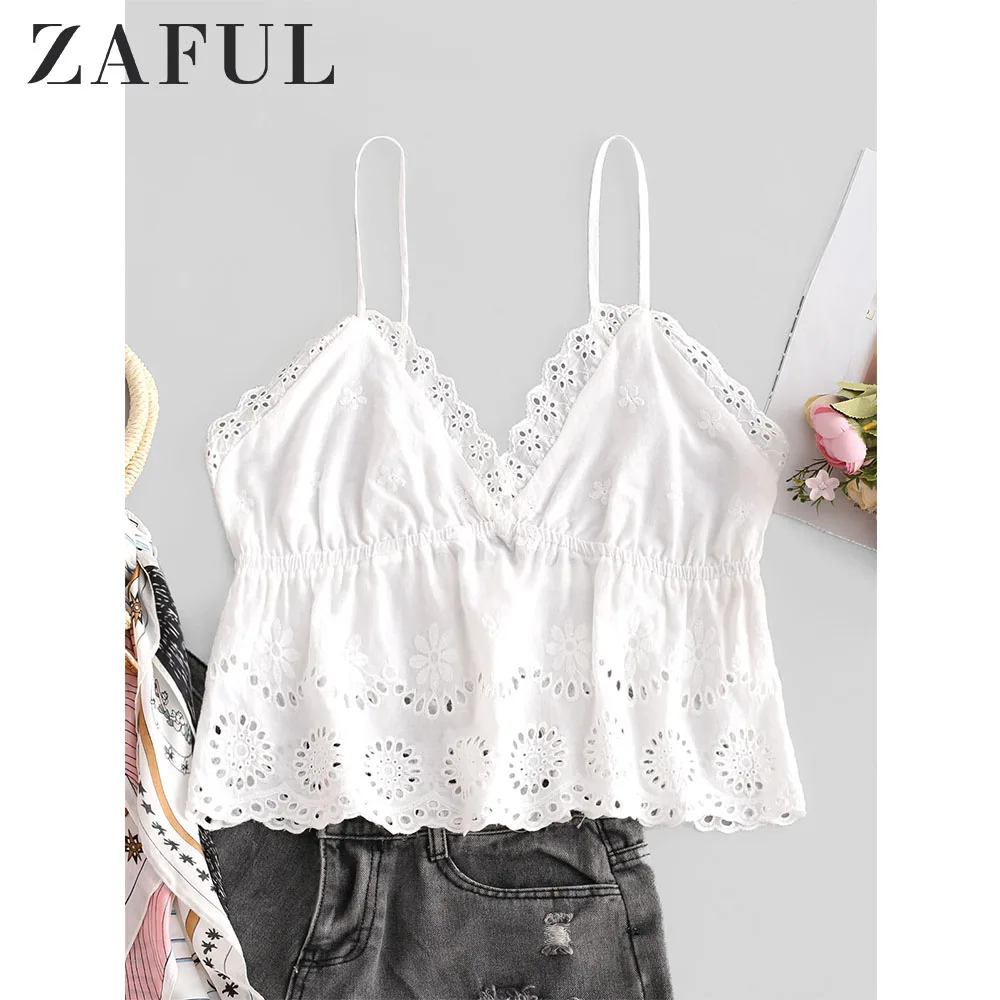 

ZAFUL Eyelet Scalloped Skirted Cami Top Spaghetti Strap Solid Summer Short Shirt Nonelastic Lace Streetwear Women Crop Top 2019