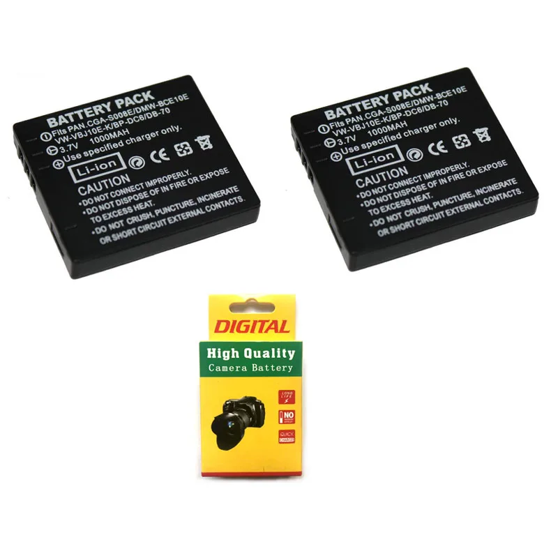 Lot 2pcs 3.7V 1000mAh DMW-BCE10E CGA-S008E VW-VBJ10E DB-70 Camera Battery for Panasonic Lumix FX35 DMC-FS20 DMC-FS5 DMC-FS3
Lot 2pcs 3.7V 1000mAh DMW-BCE10E CGA-S008E VW-VBJ10E DB-70 Camera Battery for Panasonic Lumix FX35 DMC-FS20 DMC-FS5 DMC-FS3