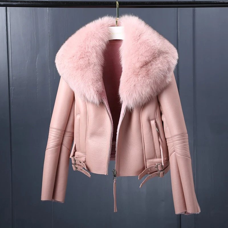 Image Women s Shearling Coat Motorcycle Leather Jacket With Fox Fur Collar Coat Women Slim Sheepskin Short Outerwear Custom TJ8002