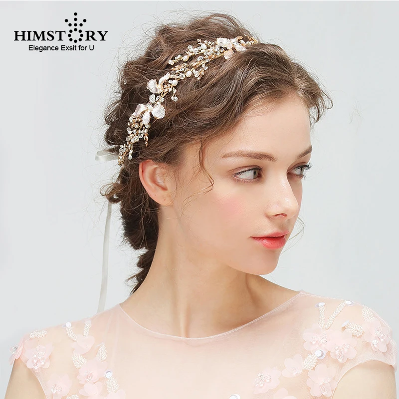 

Himstory Floral Wedding Tiara Bridal Headband Silver / Gold Tiara Hairband With Pearls Rhinestones Vine Headpiece Hair Accessory
