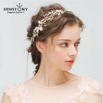 

Himstory Floral Wedding Tiara Bridal Headband White / Gold Tiara Hairband With Pearls Rhinestones Vine Headpiece Hair Accessory