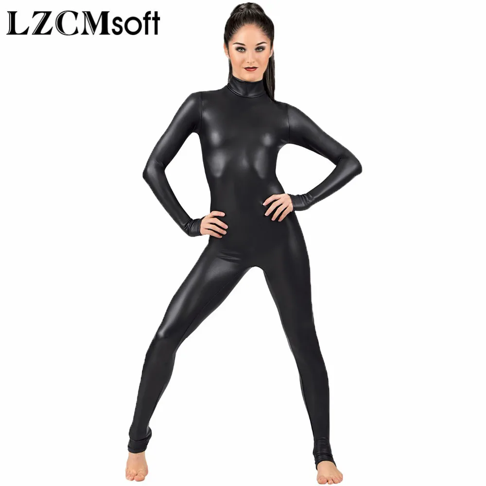 

LZCMsoft Adult Shiny Metallic Black Long Sleeve Unitard Women's Spandex Full Bodysuit Unitards Ballet Dance Catsuit
