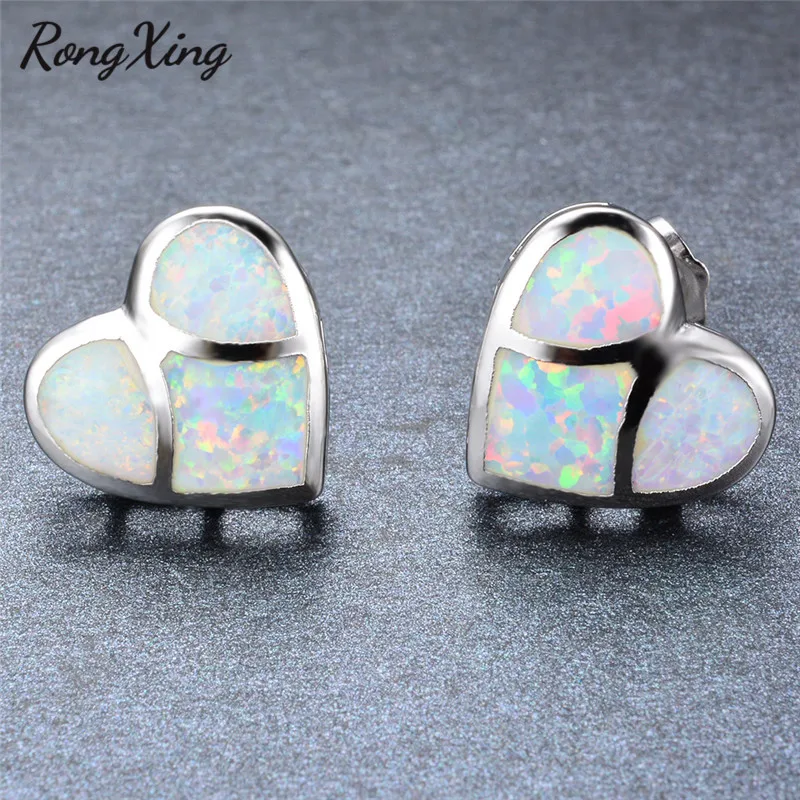 RongXing Silver Color White/Blue/Multicolor Fire Opal Heart Stud Earrings for Women Fashion Studs Jewelry Ear0559 | Украшения и