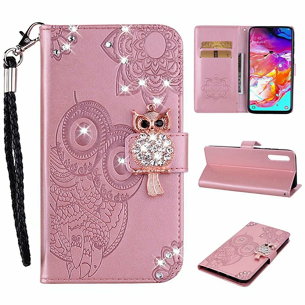 

Luxury Bling Diamond Owl Leather Flip Wallet Stand Cell Phone Case With Strap For LG K10(2018) K7 K8(2018) Q stylo4 G7 V40