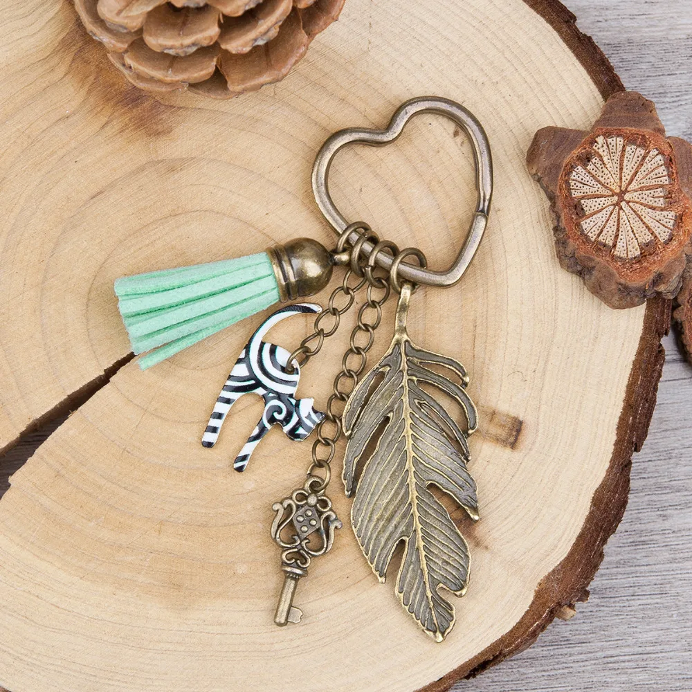 Doreen Box Antique Bronze Key Chains&Key Rings vintage feather heart Key Pendant Stripe Cat Tassel Pendants Mint Green Keychain 3