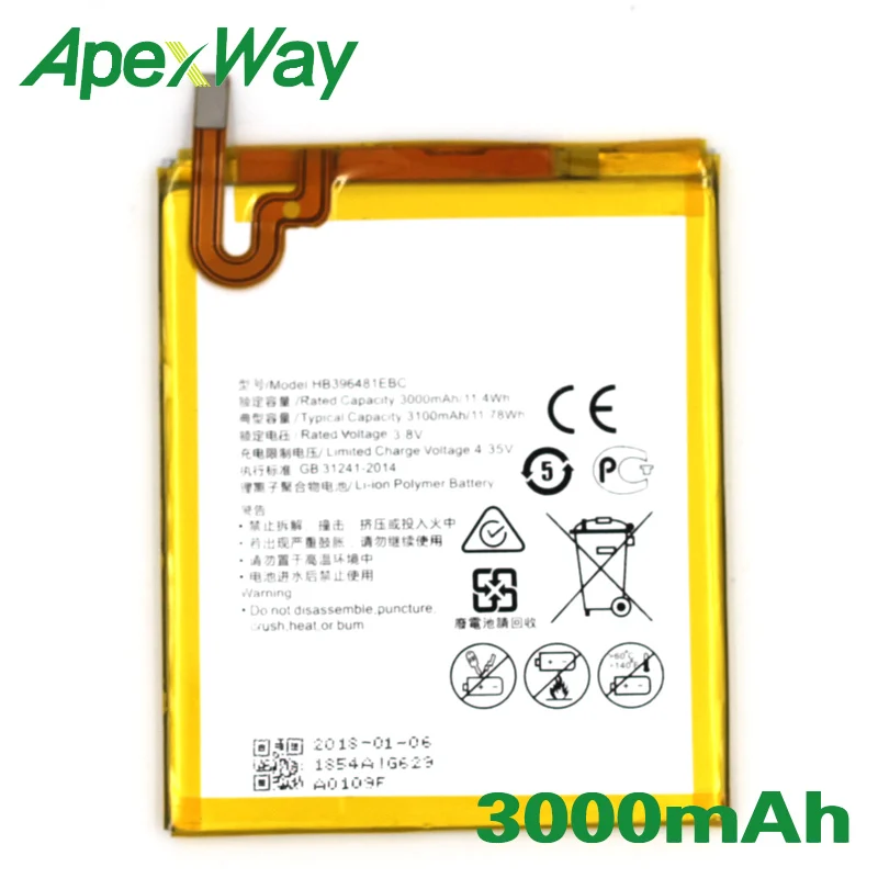 ApexWay 2PCS/lot HB396481EBC 3000mAh Phone battery for Huawei ASCEND G7 PLUS HONOR 5X G8 G8X RIO L03 -UL00/TL00/AL00
ApexWay 2PCS/lot HB396481EBC 3000mAh Phone battery for Huawei ASCEND G7 PLUS HONOR 5X G8 G8X RIO L03 -UL00/TL00/AL00