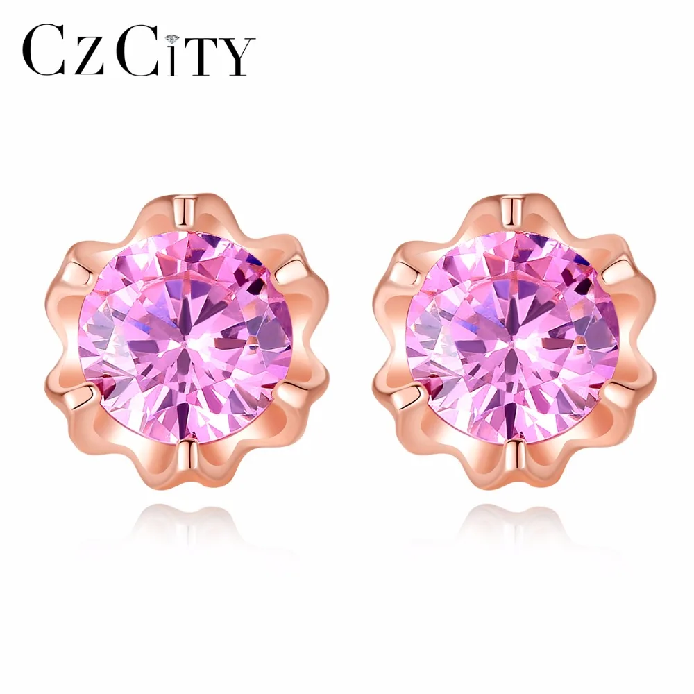 

CZCITY Brand Cute Pink Cubic Zirconia Crystal Flower 925 Silver Earrings 2018 New Designs Silver Fine Jewelry for Women Gift