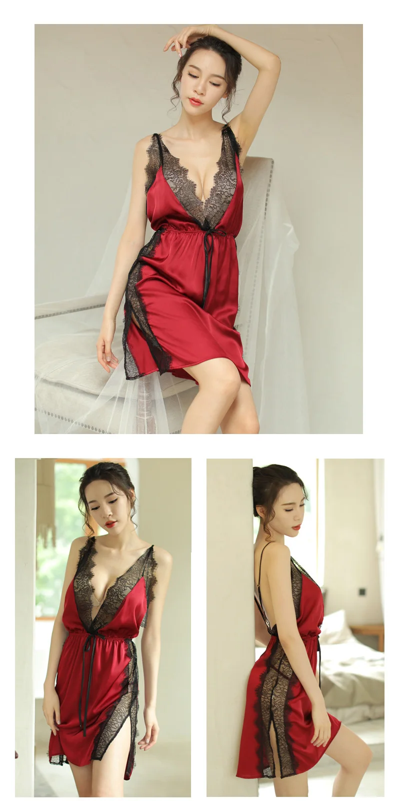 Summer Women Sexy Lace Night Dress Sleepwear Lingerie Women Sexy Satin Nightwear Sleeveless Nightgown Night Gown Sleep Wear Nightdress (2)
