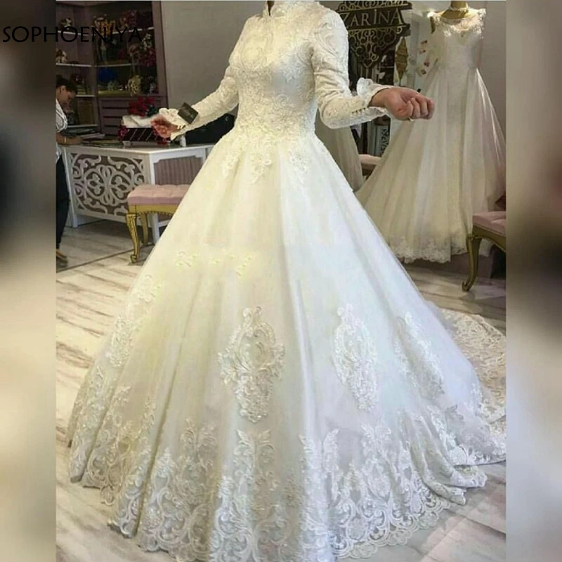 Фото Свадебное платье с длинным рукавом кружевное мусульманское аппликацией бальное