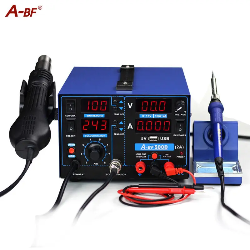 Electronic Rework Station 3-IN-1 A-BF 500D mobile PCB repair soldering iron station hot air gundigital display power supply
Electronic Rework Station 3-IN-1 A-BF 500D mobile PCB repair soldering iron station hot air gundigital display power supply