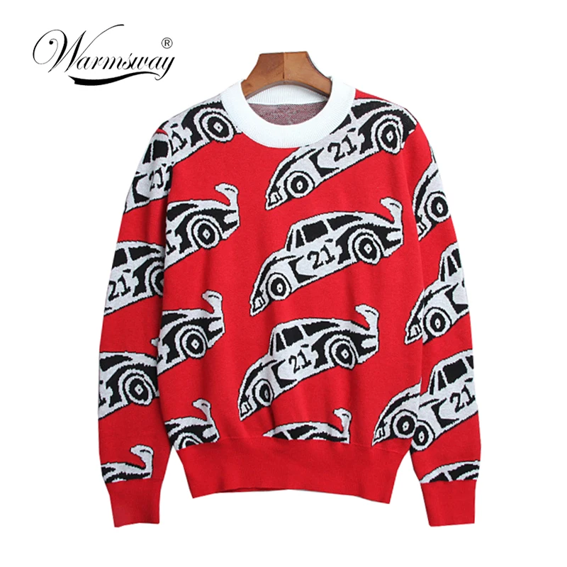 Autumn 2017 Fashion blogger womens cottoon car Jacquard long sleeve vintage knitted red  sweater WS-365