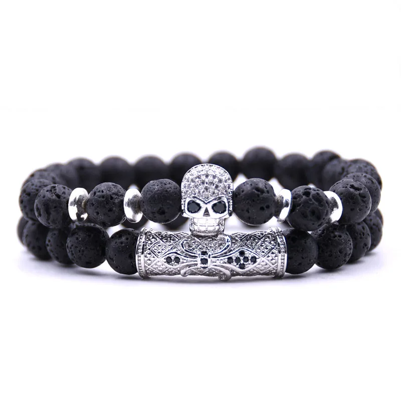 

HONEYYIYI 2pcs/set Micro Pave CZ Skull Tubular Charms Bracelet Men Natural stone beads Bracelets For Women jewelry pulseras