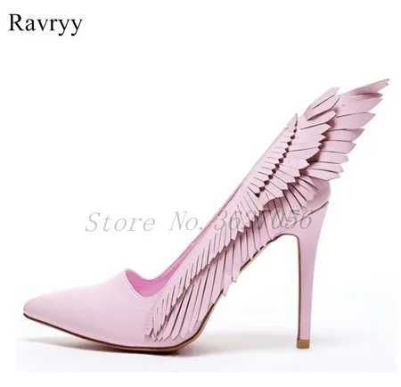 Ravryy 2018 New Hot Selling Pink Pointed Side Wings Pumps Shallow Heels Pointed Toe Beautiful Dress Heels For Banquet