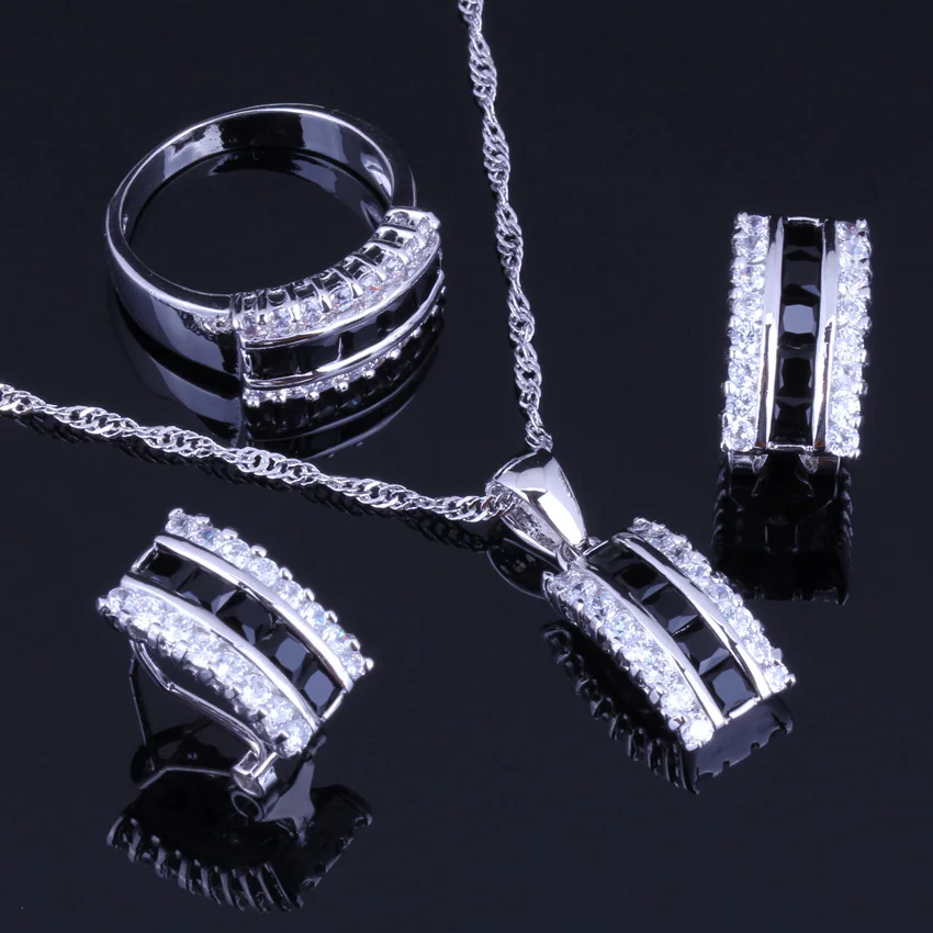 Stylish Black Cubic Zirconia White CZ 925 Sterling Silver Jewelry Sets For Women Earrings Pendant Chain Ring V0006
Stylish Black Cubic Zirconia White CZ 925 Sterling Silver Jewelry Sets For Women Earrings Pendant Chain Ring V0006