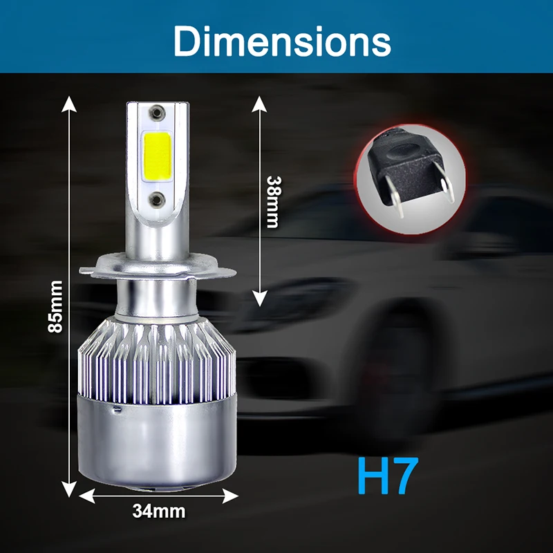2pcs/set C6 H7 COB LED 72W 7600LM Headlight Kit Hi/Lo Light Bulb 6500K C6 H7 Headlight