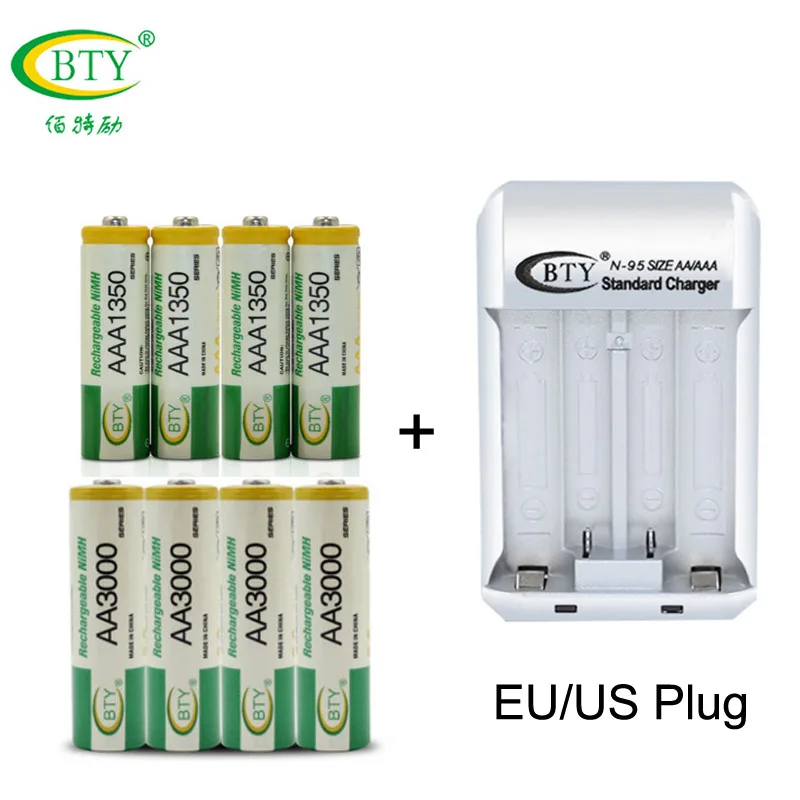 

BTY AAA / AA Rechargeable Battery + Standard Battery Charger For 3000mah AA battery AAA batteries Charging US EU Plug chargeur