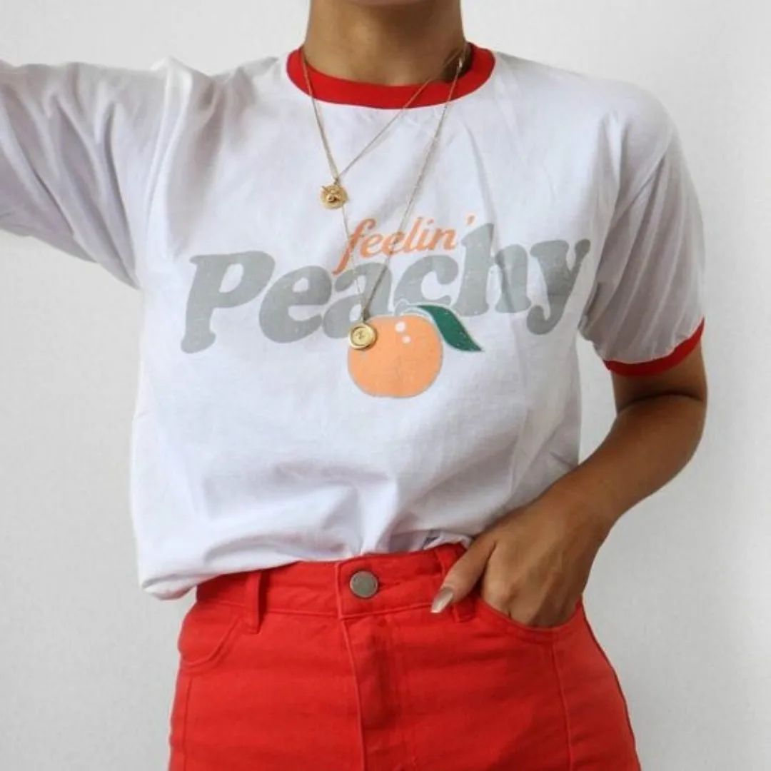 Fellin' Peachy Vintage Aesthetic Ringer Women T shirts Hipster Streetwear Printed Short Sleeved Vogue Summer Tops Cute Outfits
Fellin' Peachy Vintage Aesthetic Ringer Women T shirts Hipster Streetwear Printed Short Sleeved Vogue Summer Tops Cute Outfits
