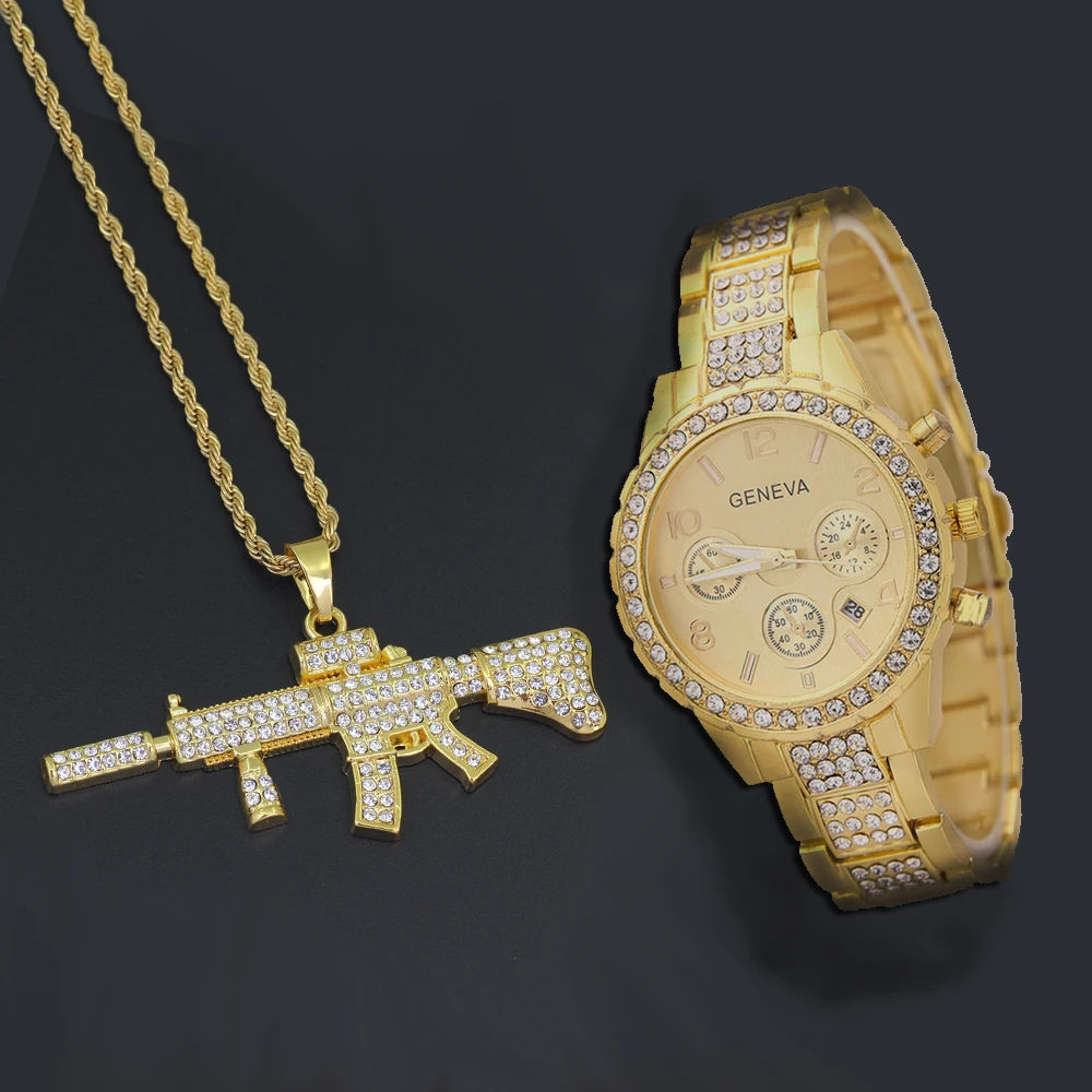 Men Hip Hop Full Iced Out Rapper's Watch And CZ Crystal Submachine Gun Pendant Necklace Combo Gift Set
Men Hip Hop Full Iced Out Rapper's Watch And CZ Crystal Submachine Gun Pendant Necklace Combo Gift Set