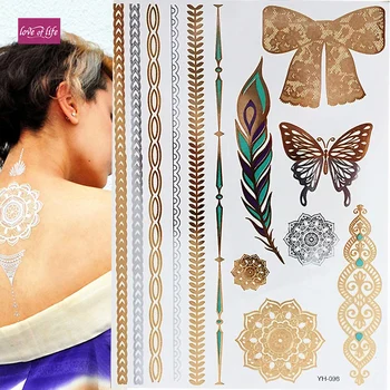 DIY Flash Metallic Waterproof Tattoo Gold Silver Henna Feather Bow Tie Temporary Tattoo Sticker
DIY Flash Metallic Waterproof Tattoo Gold Silver Henna Feather Bow Tie Temporary Tattoo Sticker