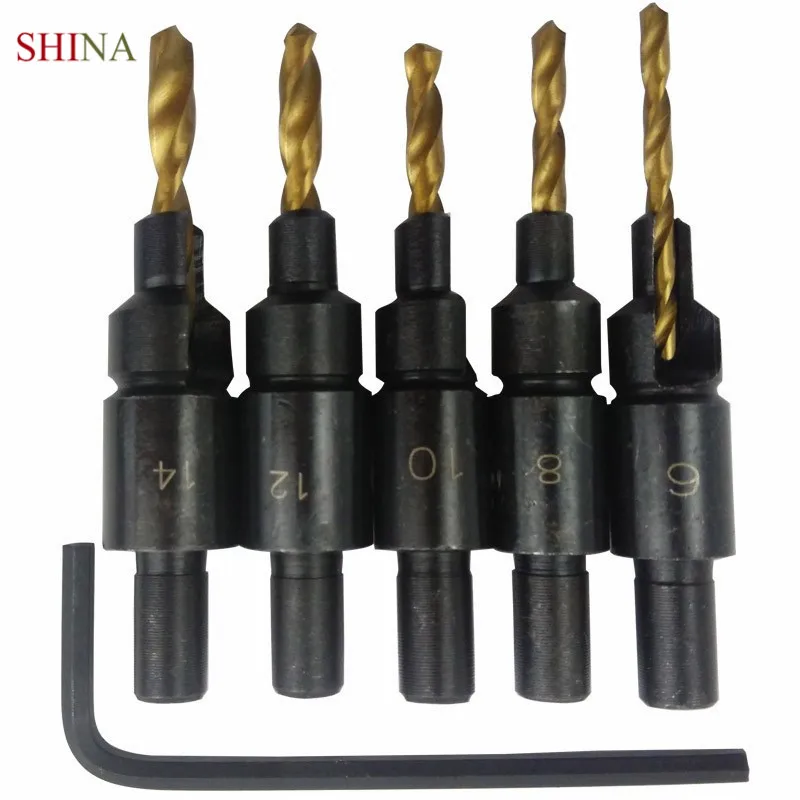 Shina5pcs Hss деревообрабатывающая титановая потайная головка набор с круглым