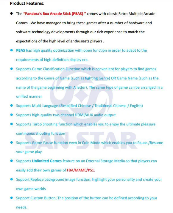 Pandora's Box6 Arcade Version user manual 2 w