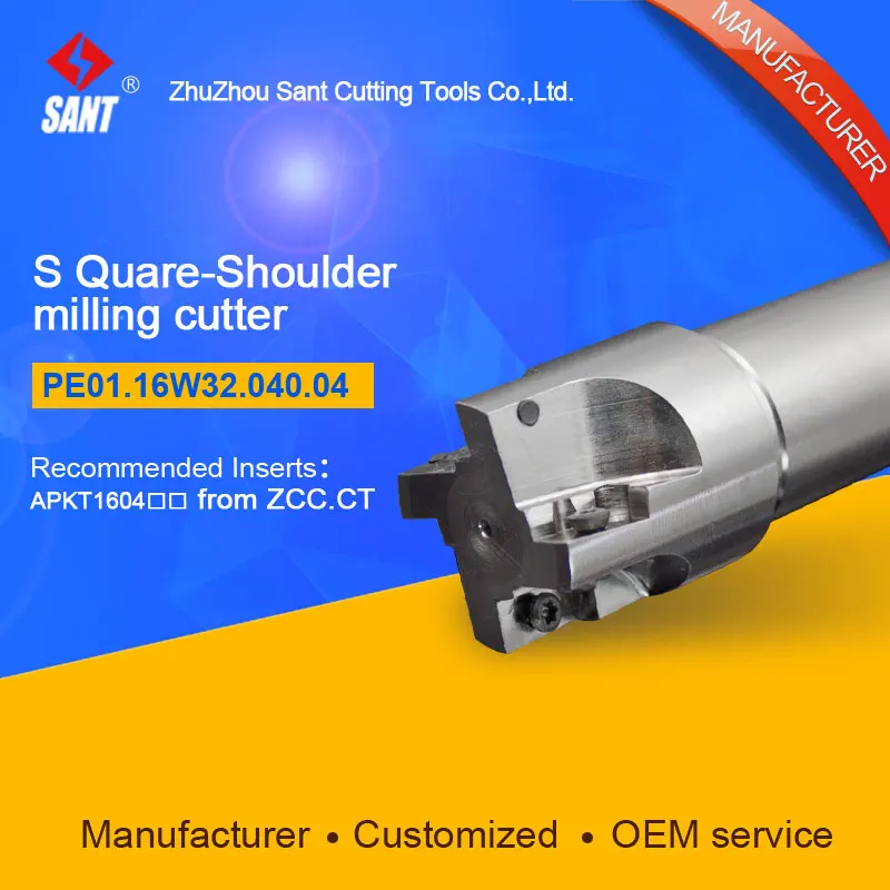Zhuzhou Sant Indexable milling cutter with 90degree EMP01-040-XP32-AP16-04/PE01.16W32.040.04 Mached carbide insert APKT160408
Zhuzhou Sant Indexable milling cutter with 90degree EMP01-040-XP32-AP16-04/PE01.16W32.040.04 Mached carbide insert APKT160408