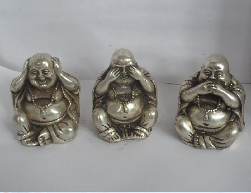 

Metal crafts Art & Collectible Tibet silver Carved "3 not see say hear " Buddha Figurine/Tibetan Buddha Statue fast Shipping