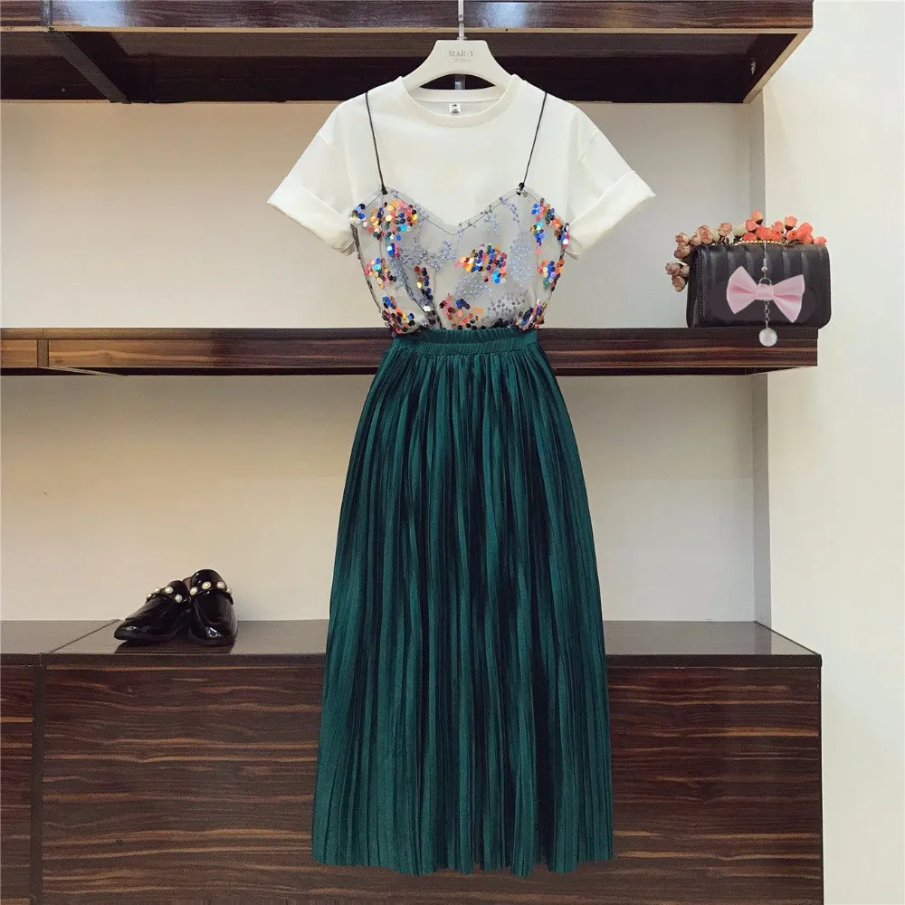 In stock Fit size S / M 2019 Trendy Summer Women Patchwork Mesh T-shirt + Beautiful Pleated Skirt 2 pcs sets
In stock Fit size S / M 2019 Trendy Summer Women Patchwork Mesh T-shirt + Beautiful Pleated Skirt 2 pcs sets