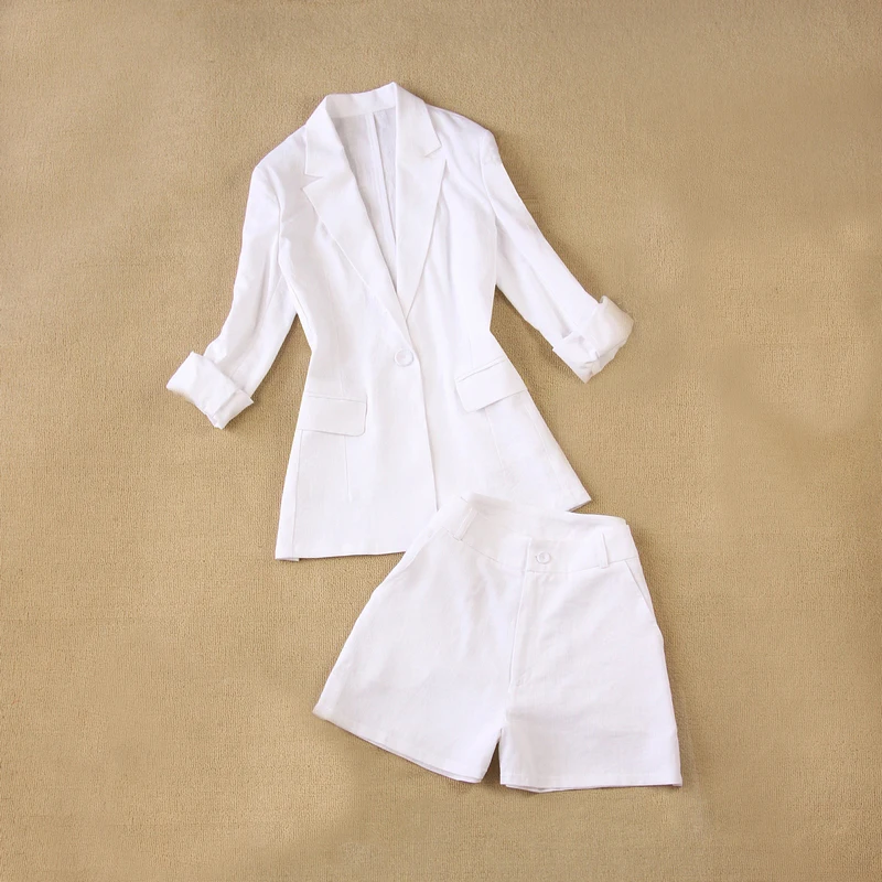 2 piece set women Suit female 2019 summer new style linen breathable white office ladies OL uniform jacket + shorts suit
2 piece set women Suit female 2019 summer new style linen breathable white office ladies OL uniform jacket + shorts suit