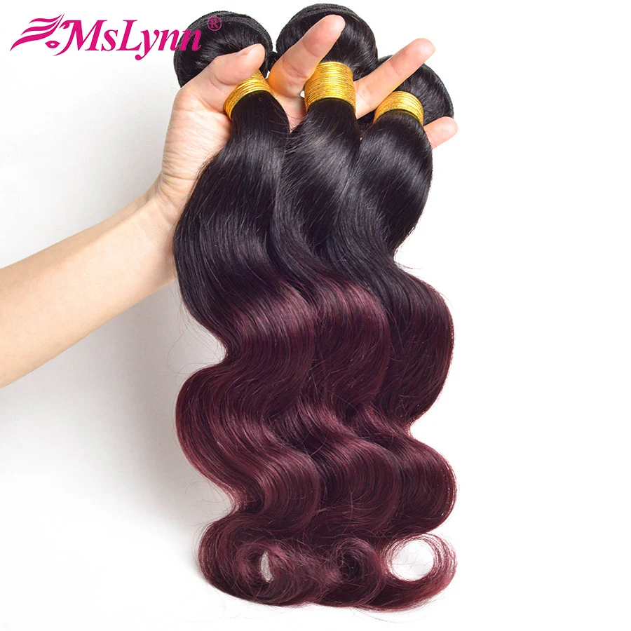 altMslynn Hair Peruvian Body Wave Ombre Hair 3 Bundles Deal 1b/Burgundy Two Tone 100% Human Hair Weave Bundles Non Remy Hair 1b 99j