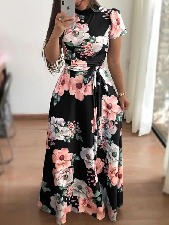 Floral Print Maxi Dress Women Casual Short Sleeve Turtleneck A Line Sashes Bandage Long Women Dress Vintage Autumn Elegant Dress
Floral Print Maxi Dress Women Casual Short Sleeve Turtleneck A Line Sashes Bandage Long Women Dress Vintage Autumn Elegant Dress