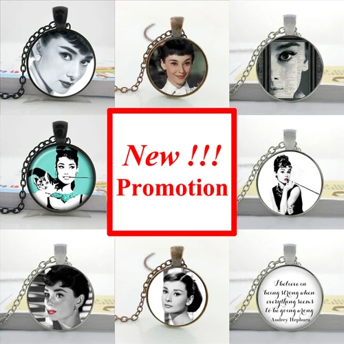 

2017 New Fashion Glass Cabochon Dome Jewelry Audrey Hepburn Necklace Audrey Hepburn Pendant Glass Necklace