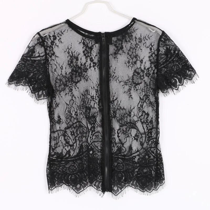 

Women Blusas Femininas Short Sleeve V Neck Vintage Lace Blouse Hollow Out Zipper Back Crop Top Clubwear White Black New Arrival