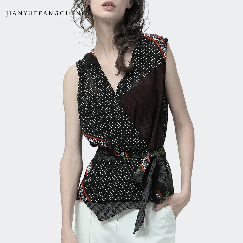 2019 Fashion Patchwork Print Chiffon Blouse Ladies Sleeveless Crossed V Neck Tops With Belt Slim Womens Summer Casual Blouses
2019 Fashion Patchwork Print Chiffon Blouse Ladies Sleeveless Crossed V Neck Tops With Belt Slim Womens Summer Casual Blouses