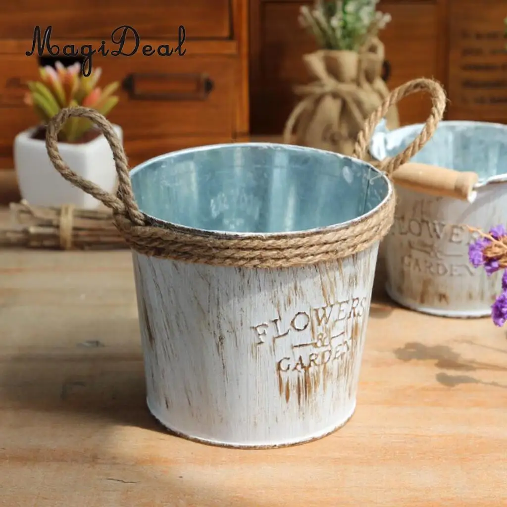 MagiDeal 2Pcs Vintage Metal Tin Hanging Pot Planter Pot Flower Bucket Barrel Basket Container for Balcony Fence Garden Lawn Home