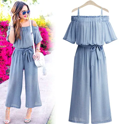 2019 New Off Shoulder Plus Size Jumpsuit Women High Waist Lace Up Casual Jumpsuit Rompers Wide Leg Trousers Female Overalls 4XL
2019 New Off Shoulder Plus Size Jumpsuit Women High Waist Lace Up Casual Jumpsuit Rompers Wide Leg Trousers Female Overalls 4XL