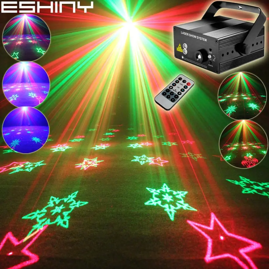Фото ESHINY Remote Mini R&ampG Laser 6 snowflake Patterns Projector Blue Led Bar DJ Dance Disco Family Party Effect Light Show T189D3 | Лампы и