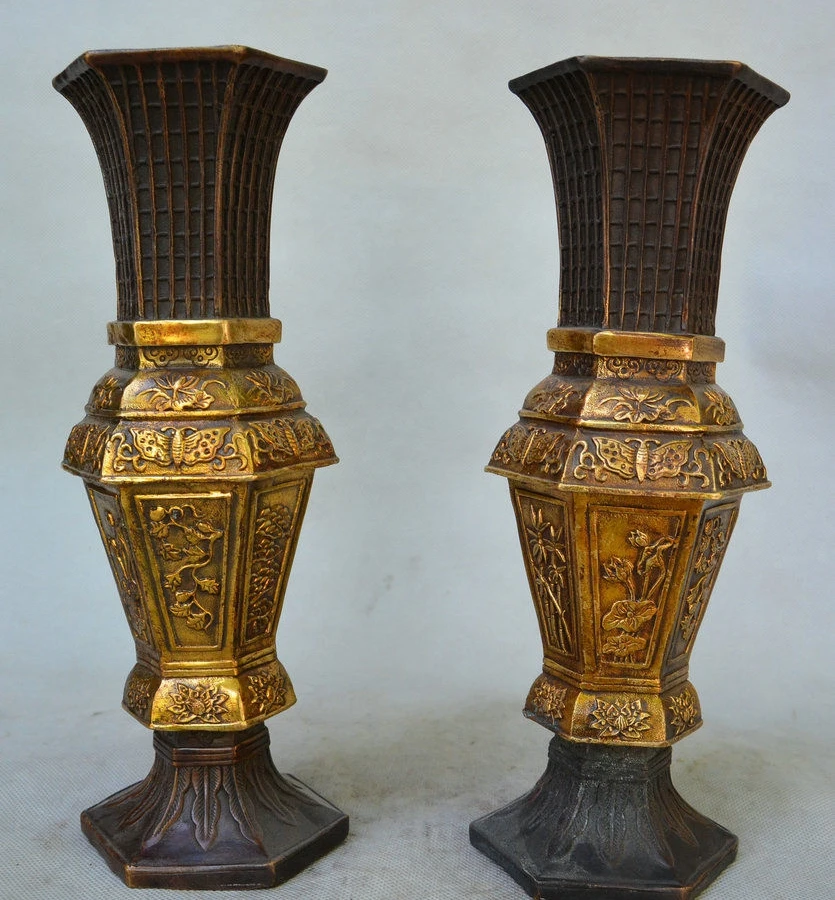10" China Dynasty Palace Bronze Gilt Butterfly Flower Bottle Vase Jar Flask Pair 
10" China Dynasty Palace Bronze Gilt Butterfly Flower Bottle Vase Jar Flask Pair