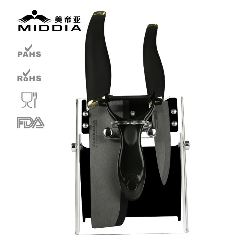Middia 4pcs black bade ceramic knife set with block kitchen cutters paring knife+utility knife+peeler
Middia 4pcs black bade ceramic knife set with block kitchen cutters paring knife+utility knife+peeler