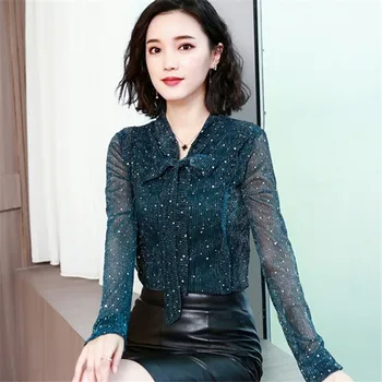 New Spring 2019 Sequin Chiffon Top Elegant Bow tie Collar Long Sleeve Mesh shirt Casual Women blouse
New Spring 2019 Sequin Chiffon Top Elegant Bow tie Collar Long Sleeve Mesh shirt Casual Women blouse